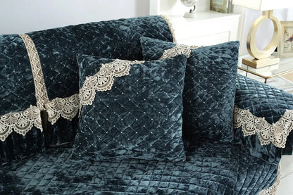Embroidery Lace Sofa Cushion Gold Velvet Hemline Sofa Cover Autumn Winter European Couch Cover Solid Color Checkered Sofa Mat