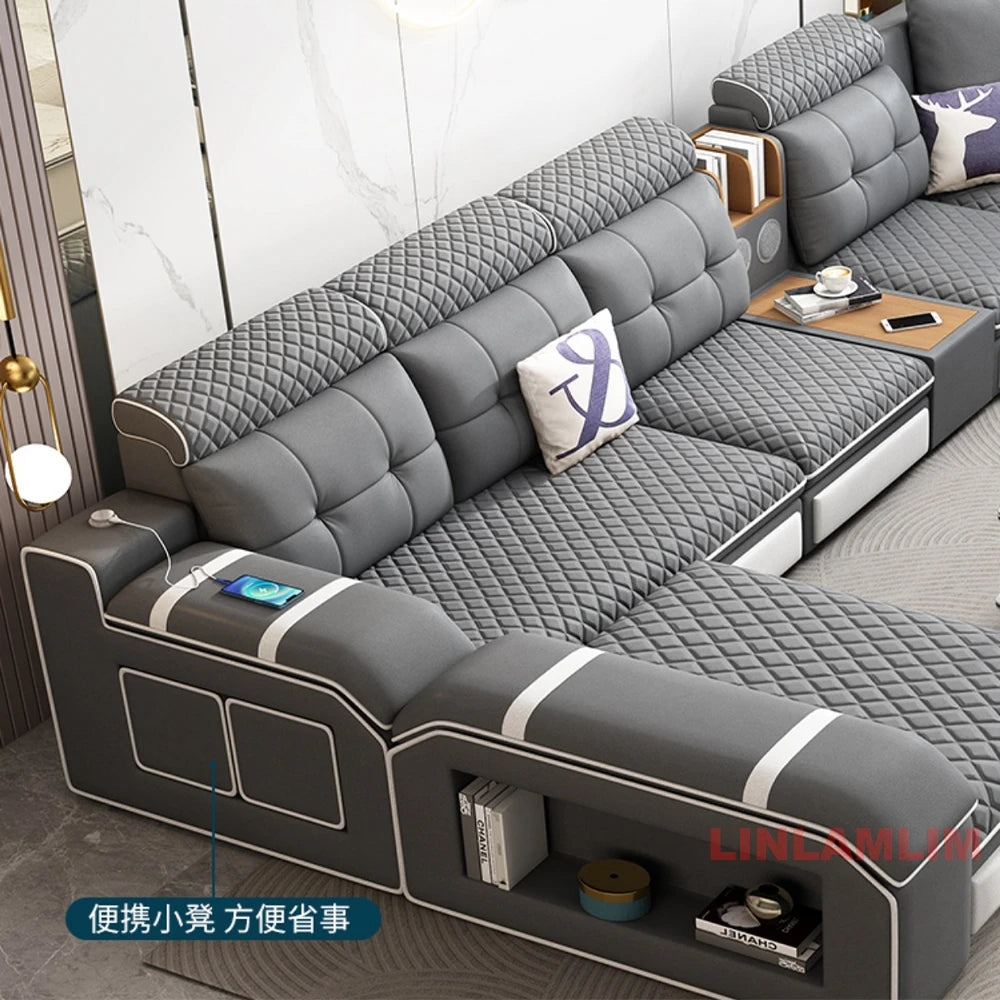 MANBAS Modern U-Shaped Fabric Sectional Sofa with Storage, Adjustable Headrests & USB Charging - Comfortable Quilted Upholstery