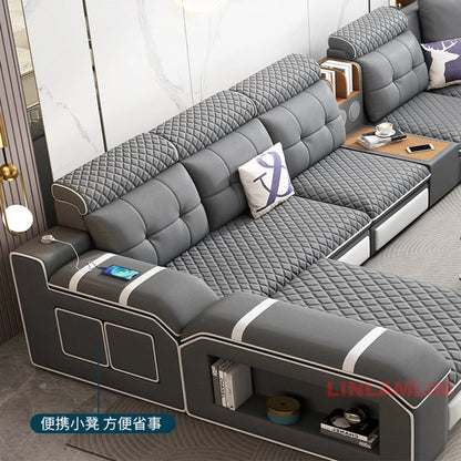 MANBAS Modern U-Shaped Fabric Sectional Sofa with Storage, Adjustable Headrests & USB Charging - Comfortable Quilted Upholstery