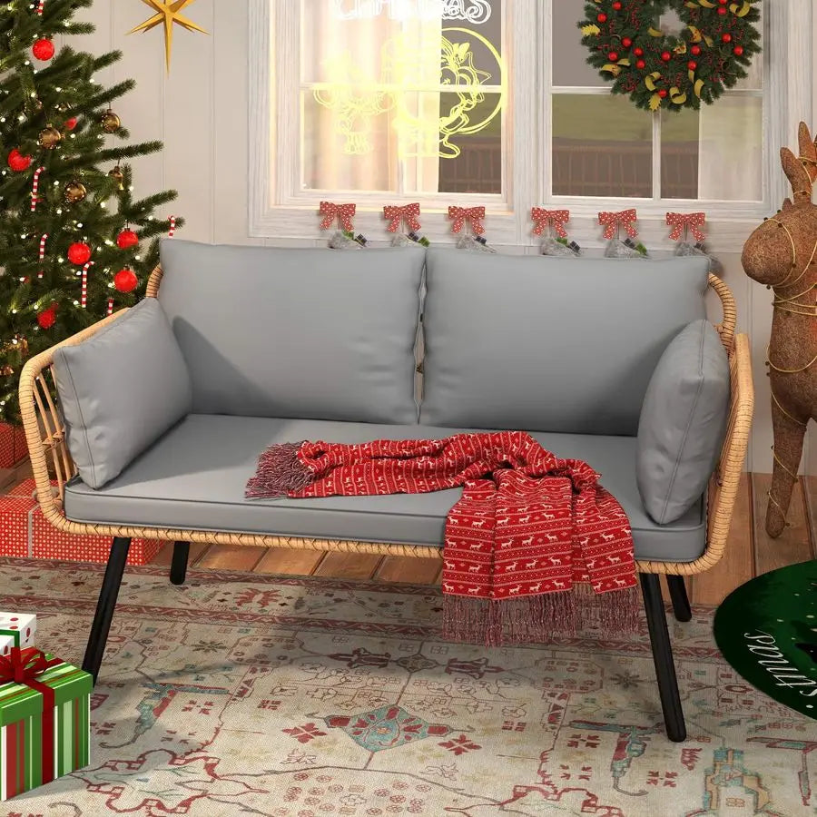 Wicker Patio Loveseat, AllWeather Rattan 2Seat Sofa with Cushions amp Lumbar Pillows, Outdoor Patio Furniture Set for Patio, Bal