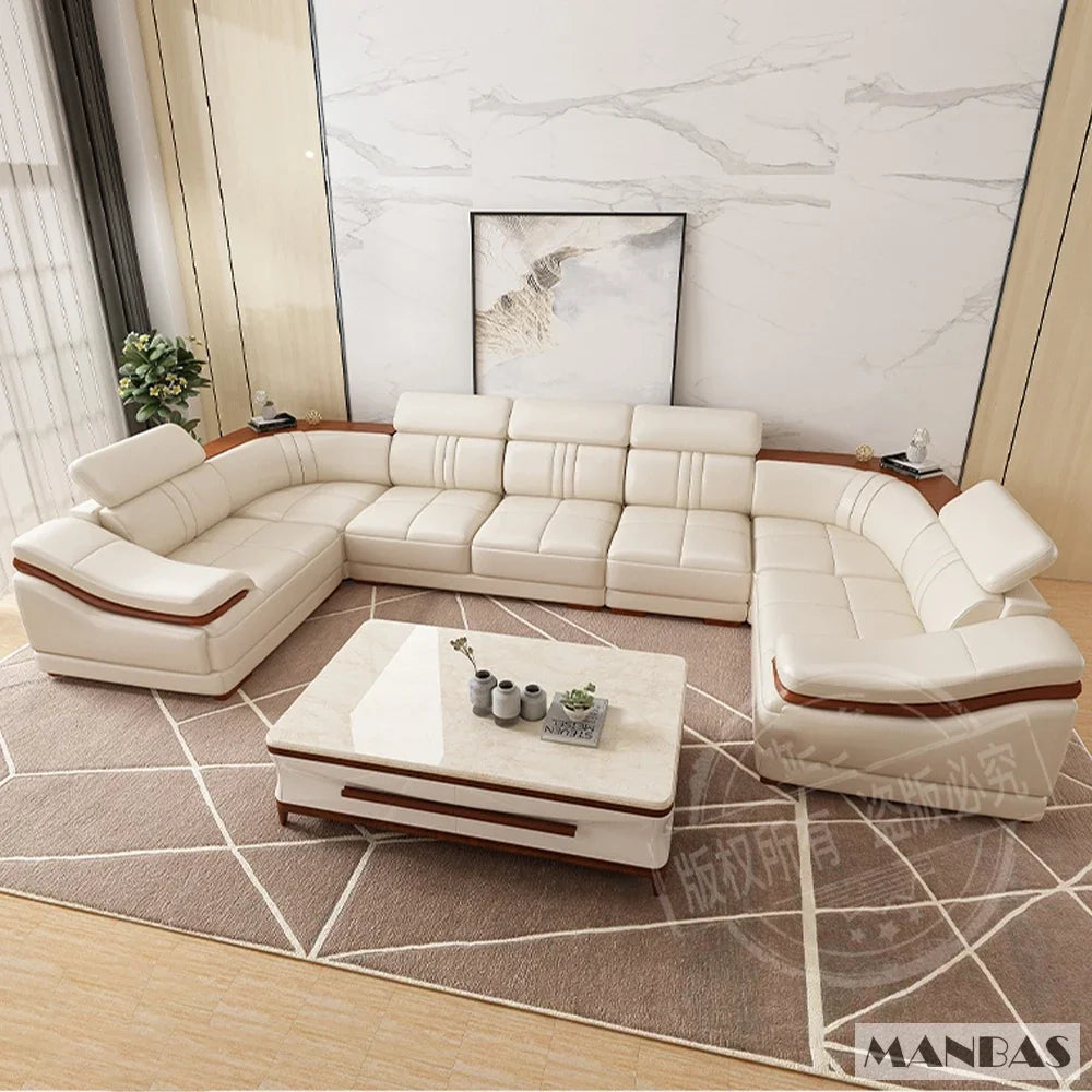 Elegant Leather Sectional Sofas Sets with Cup Holder, Adjustable Headrests & Bluetooth Speaker - MINGDIBAO Living Room Couches