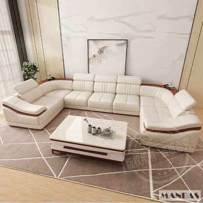 Elegant Leather Sectional Sofas Sets with Cup Holder, Adjustable Headrests & Bluetooth Speaker - MINGDIBAO Living Room Couches