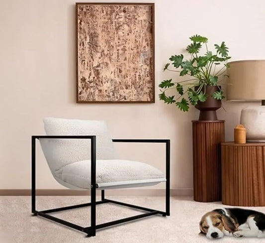Modern Accent Chairs, Living Room Chairs with Metal Frame and Upholstered,   Arm Chair with White Boucle for Bedroom