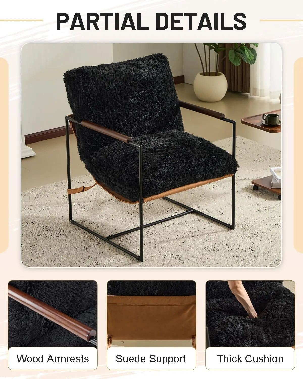 Modern Plush Fleece Accent Chair with Metal Frame & Wooden Armrests for Living Room, Bedroom, Balcony