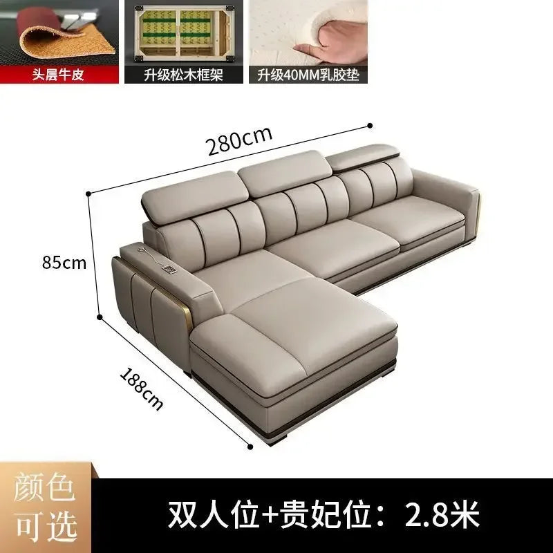 Light luxury first-layer cowhide leather sofa, living room size, straight row concubine combination household leather sofa