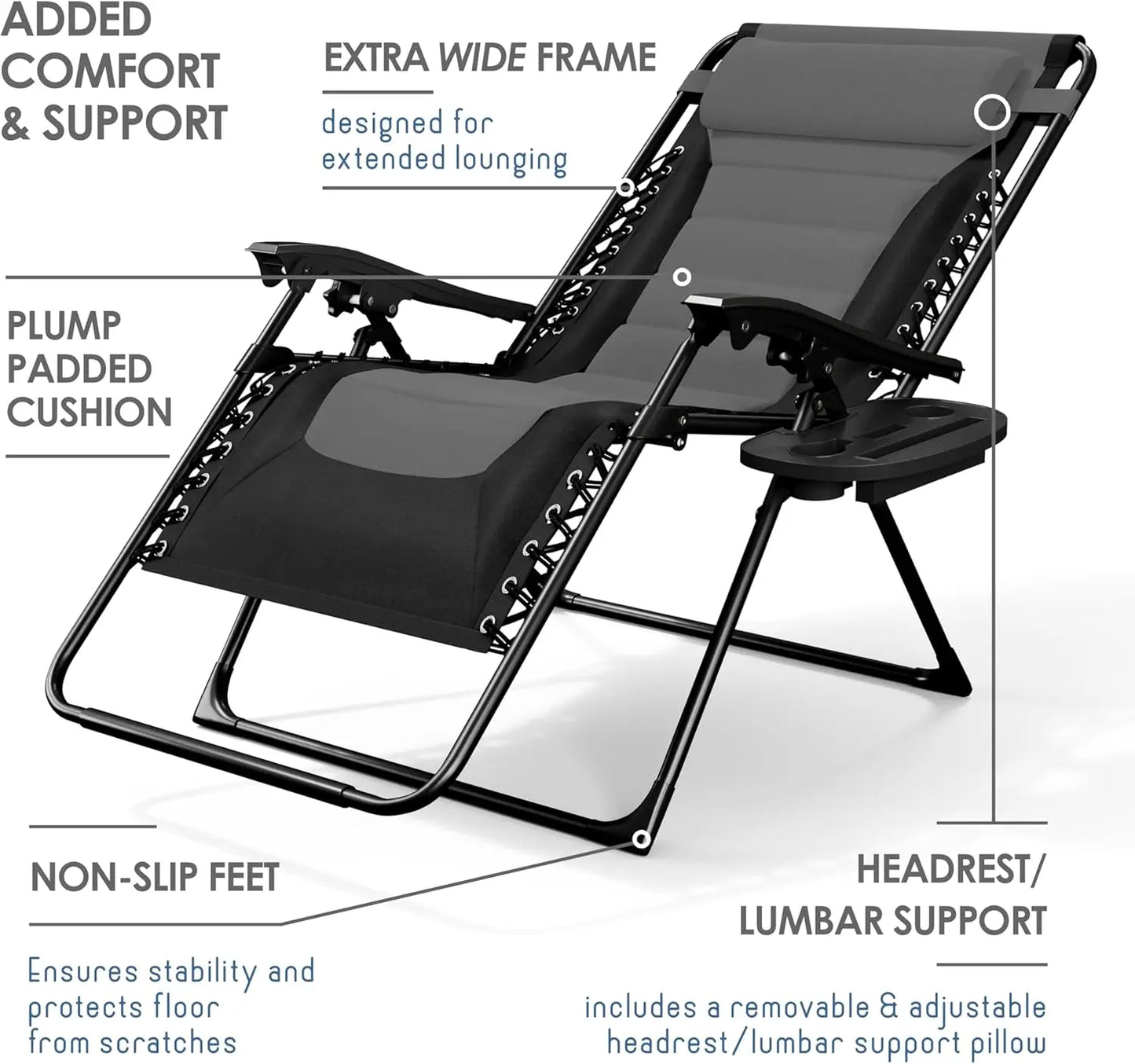 Outdoor Padded Zero Gravity Chair, Patio Lounge Chair Outdoor Recliner, Oversized Anti Gravity Lounger with Adjustable Headrest