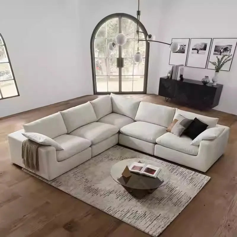 Nordic Cream White Linen Fabric Living Room Couch Sectional Cloud Sofa Modern Simple L Shaped Modular Corner Sofa Set Furniture