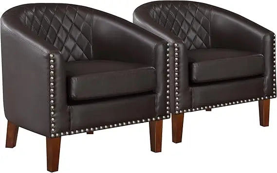 Comfy Barrel Accent Chair Set of 2 - Faux Leather Living Room Chair Club Chair with Cushion, Diamond Grid Backrest & Nailhead T
