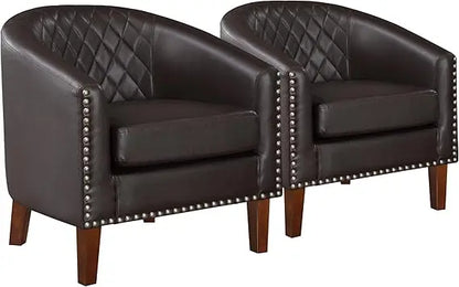 Comfy Barrel Accent Chair Set of 2 - Faux Leather Living Room Chair Club Chair with Cushion, Diamond Grid Backrest & Nailhead T