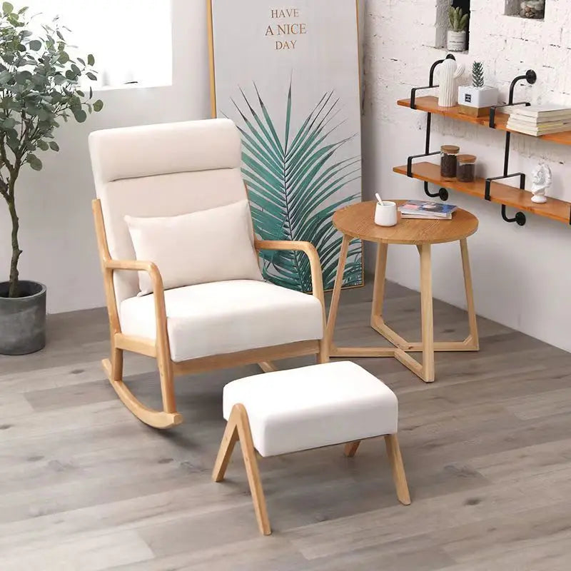 Wooden Rocking Chair Lounge Chair High Backrest Rocking Armchair Accent Chair with Lumber Pillow