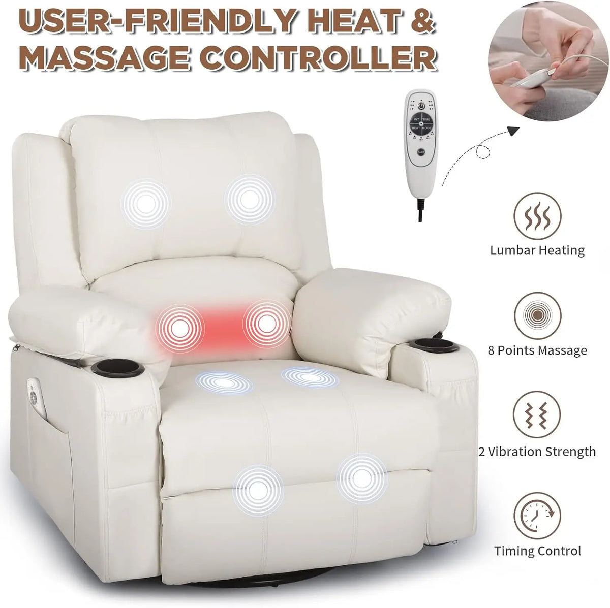 Leather Swivel Rocker Recliner Chair with Massage and Heat Overstuffed Manual Recliner Chairs with Cup Holders, Rocking Glider C