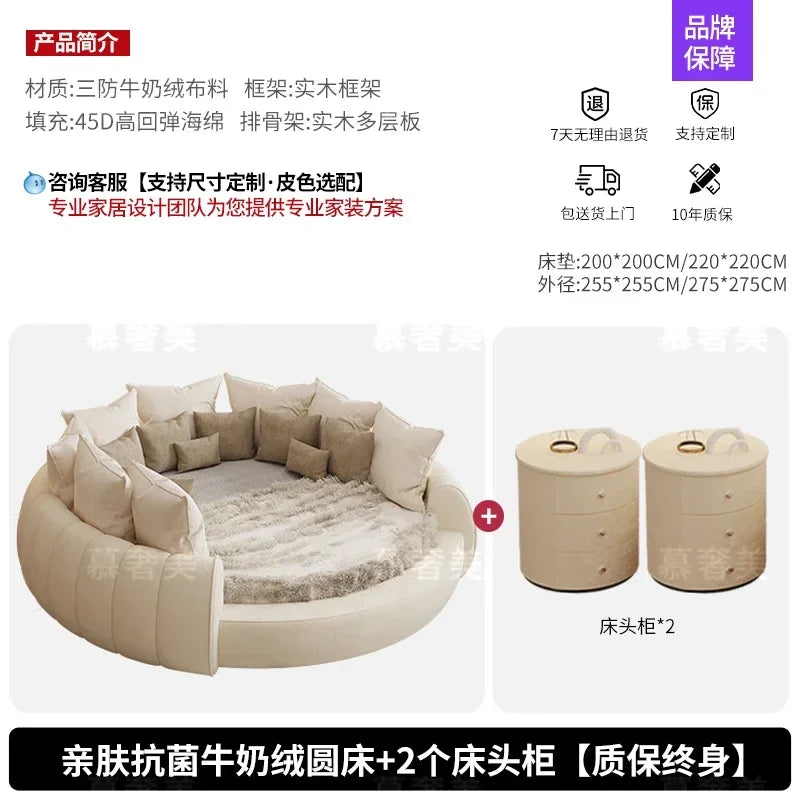 Bedroom Furniture Fabric Cream Style Double Wedding Bed Modern 200 X 200 Home Hotel Design Round Bed King Size Wooden Wood