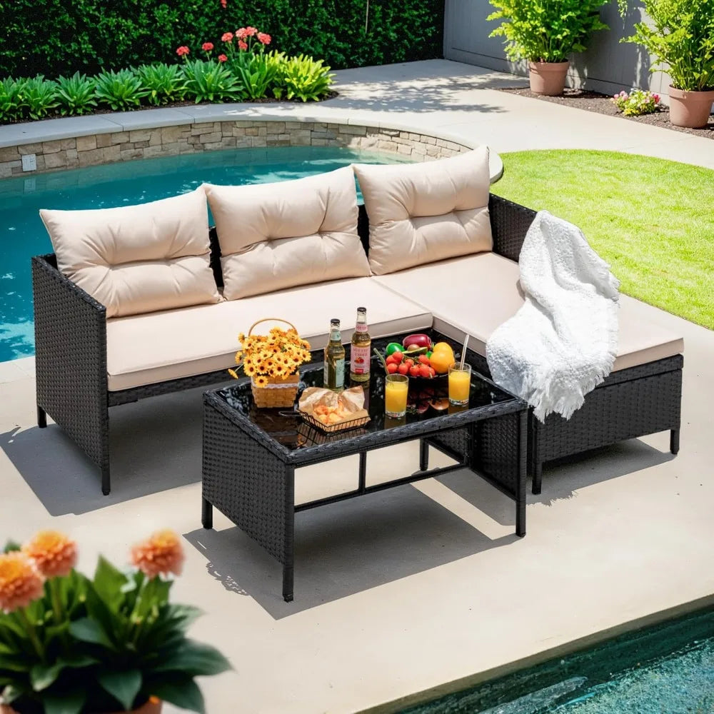 Outdoor Patio Furniture 3-Piece Rattan Waterproof Outdoor Sectional Sofa All-Weather L Shaped Patio Couch with Cushion Glass Ta