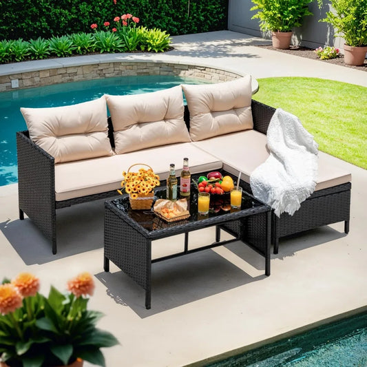Outdoor Patio Furniture 3-Piece Rattan Waterproof Outdoor Sectional Sofa All-Weather L Shaped Patio Couch with Cushion Glass Ta
