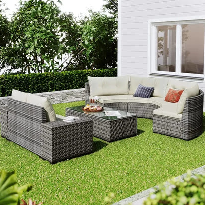 8-Piece Outdoor Patio Conversation Set, PE Rattan Wicker Half-Moon Sectional Sofa, All-Weather Seating for Gardens and Patios