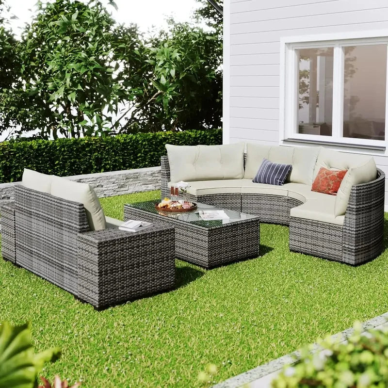 8-Piece Outdoor Patio Conversation Set, PE Rattan Wicker Half-Moon Sectional Sofa, All-Weather Seating for Gardens and Patios