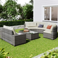 8-Piece Outdoor Patio Conversation Set, PE Rattan Wicker Half-Moon Sectional Sofa, All-Weather Seating for Gardens and Patios