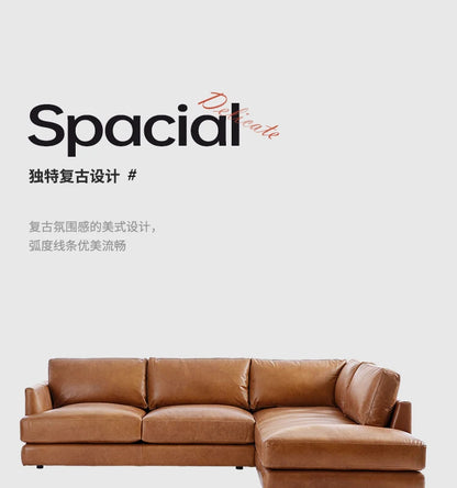 leather sofa, antique milk brown first layer cowhide L-shaped concubine seat in the living room, American retro leather sofa