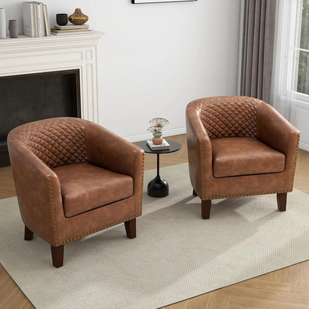 Faux Leather Swivel Barrel Accent Chairs Set of 2, Upholstered Armchair Club Chair for Living Room, Round Comfy Single Sofa Bedr
