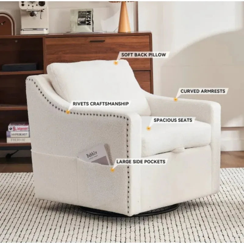 Teddy Fabric Swivel Accent Chair Single Sofa Chair with Upholstered One Back Pillow Armrest Rivets for Home Office Living Room