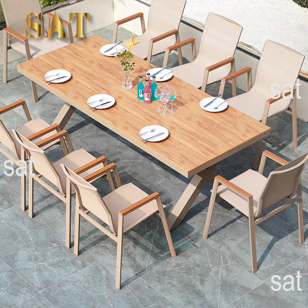 #Modern Outdoor Aluminum Chair Wood Metal Frame Villa Patio Garden Table Chair Set For Dining Courtyard Leisure