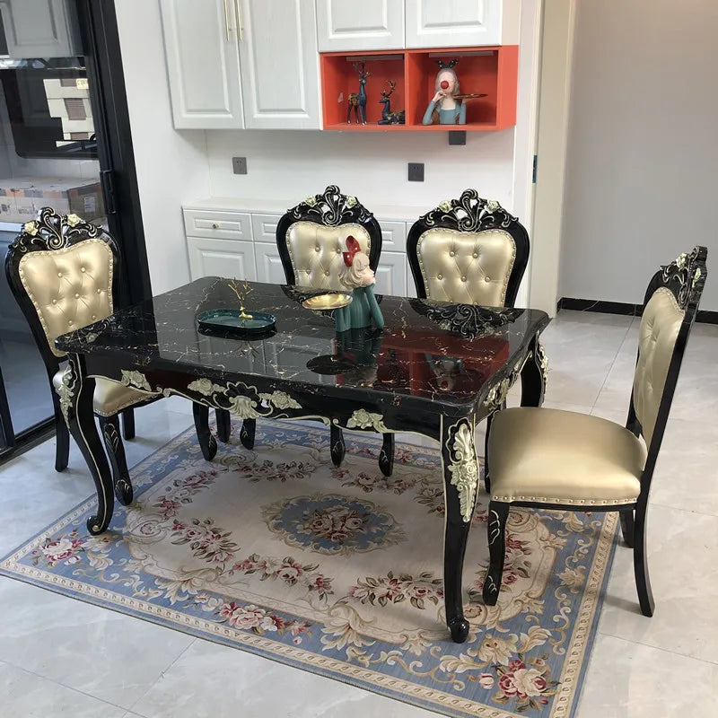Natural marble dining tables and chairs household luxury simple solid wood carved rectangular dining table.