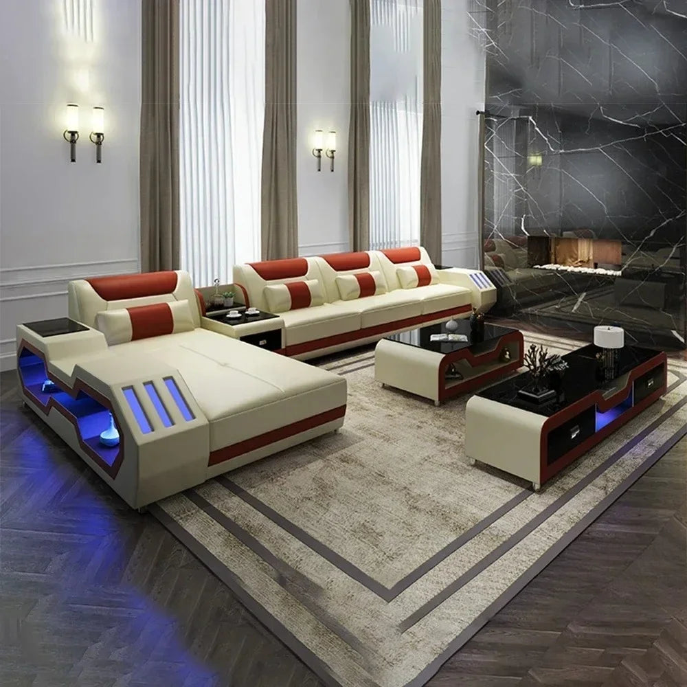 Modern LED Lighted Sofa Set with Recliner, Adjustable Headrest & Console | Luxury Leather Sectional Couch | Futuristic Furniture