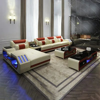 Modern LED Lighted Sofa Set with Recliner, Adjustable Headrest & Console | Luxury Leather Sectional Couch | Futuristic Furniture