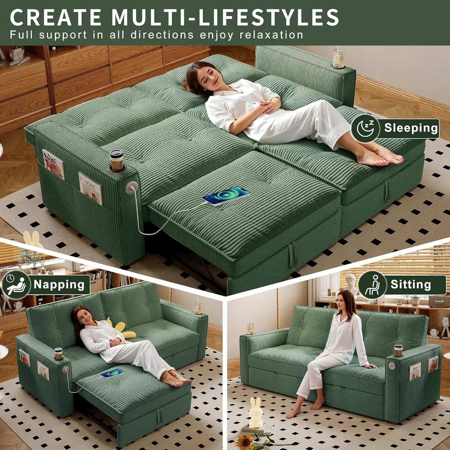 Queen Size Sofa Bed Loveseat 73'' Convertible 2 Seater with Pull out Bed Pockets And USB Ports Modern Design Customizable