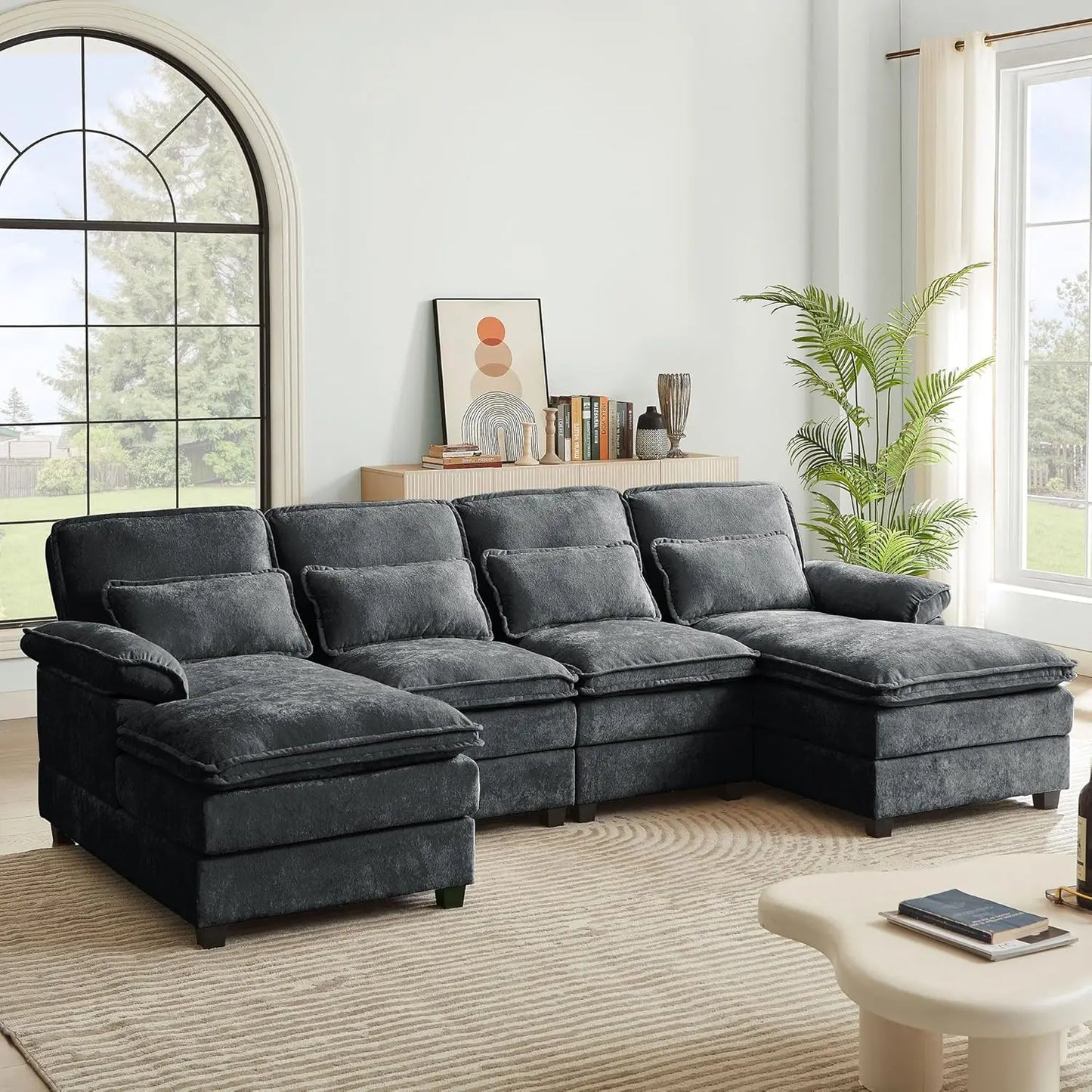 110" Convertible Sectional Sofa, U Shaped Comfy Cloud Couch With Double Chaise And Padded Armrests, Modern Upholstered 4 Seater