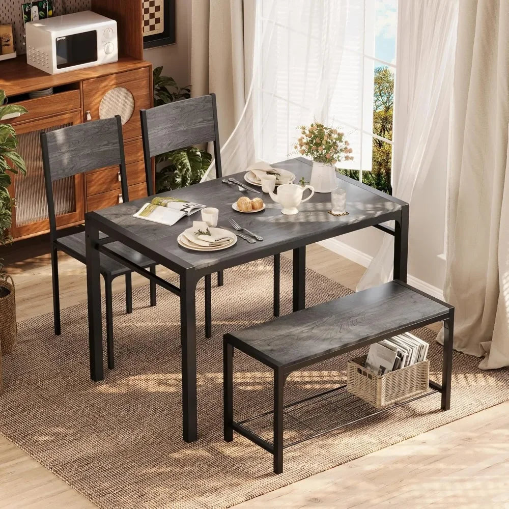 Kitchen Table and 2 Chairs for 4 with Bench, 4 Piece Dining Sets for Small Space, Dark Grey