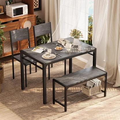 Kitchen Table and 2 Chairs for 4 with Bench, 4 Piece Dining Sets for Small Space, Dark Grey