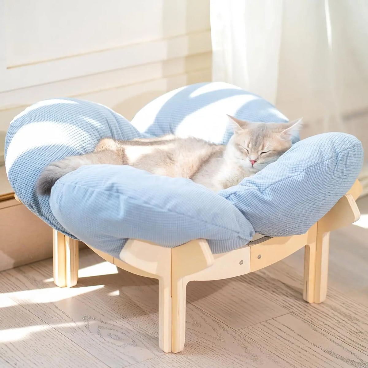 Elevated Cat Bed Wooden With Cushion Fluffy Pet Couch Sofa For Indoor Cats Raised Kitty Lounge Chair Suitable