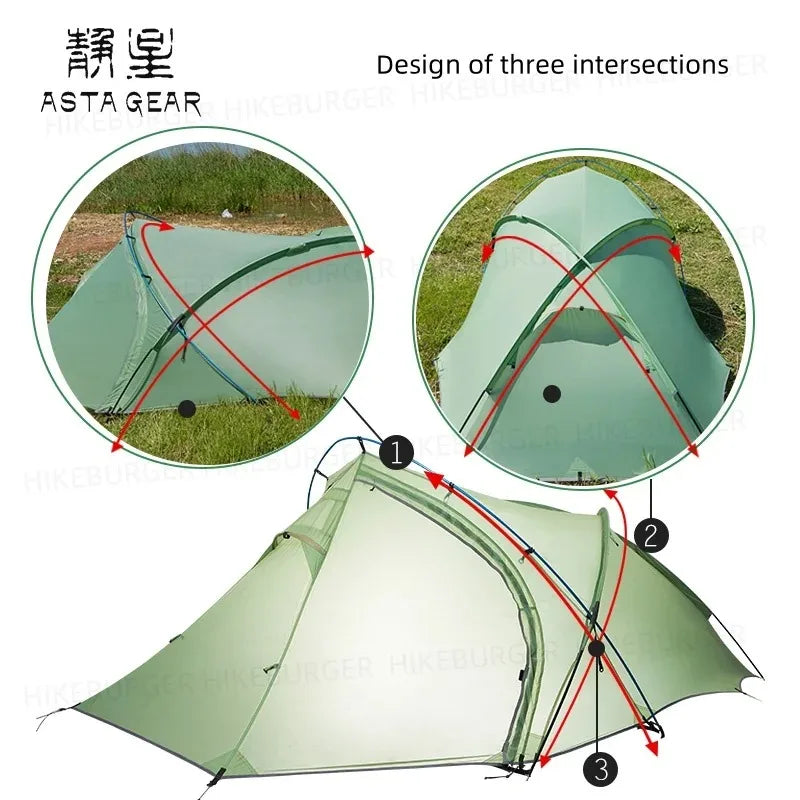 2 Person Ultralight Backpacking Tent 1.69kg 5000mm Waterproof 10D Nylon Triple Cross Pole Tent for Camping Hiking Trekking