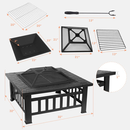 AOOU Steel Fire Pits for Outside, 32'' Square Wood Burning Fire Pit Table, Outdoor Patio BBQ Firepit Bonfire Party