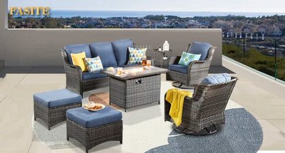 50,000 BTU Rectangular Propane Fire Pit Table 7-Piece High-Back Conversation Sofa and Matching Side Table,Grey Rattan Denim Blue