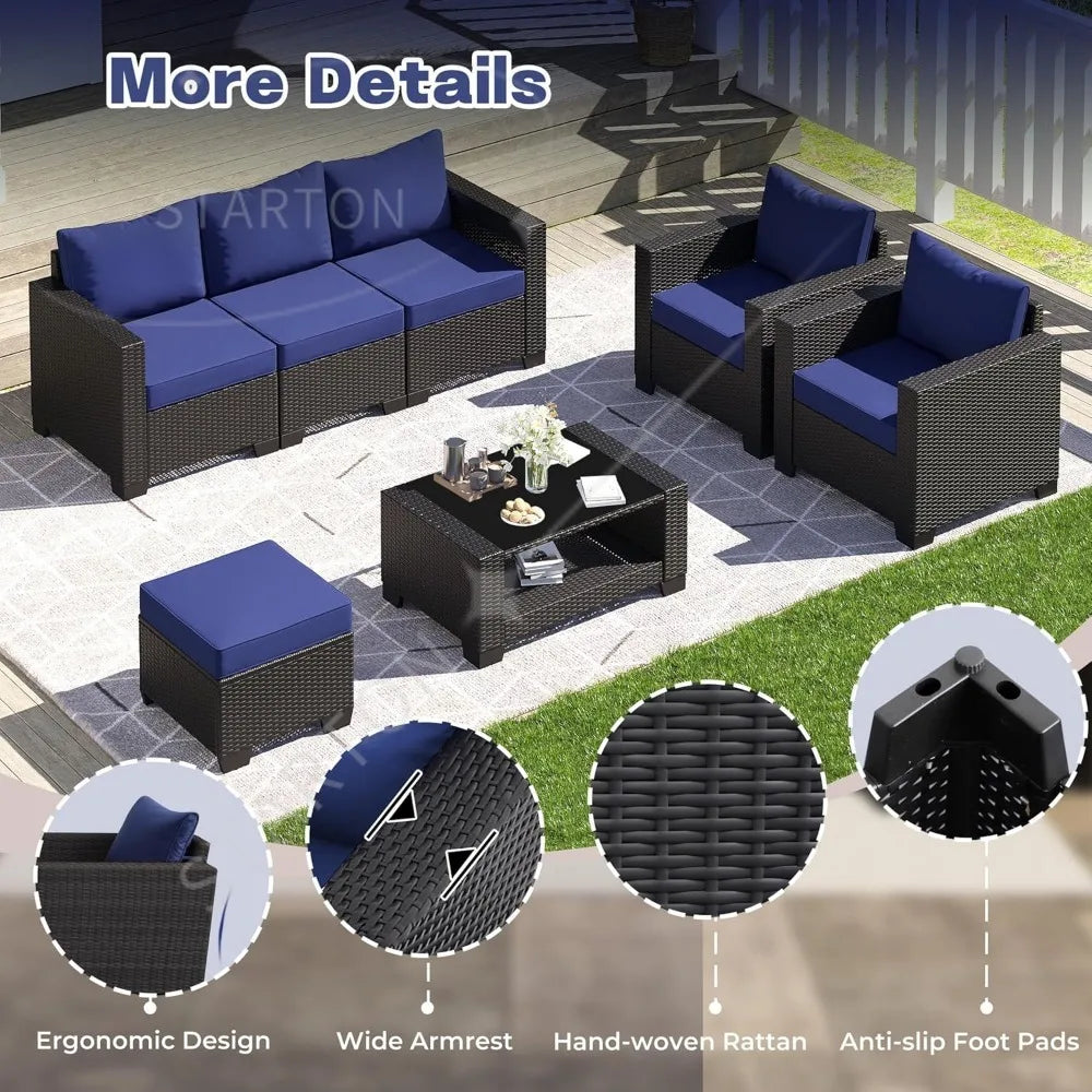 7-piece outdoor patio set, rattan chairs, glass table, wicker sectional for conversation seating