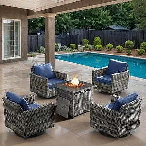 Outdoor Swivel Rocker Chairs Set of 4 with Fire Pit Table - 5 Peice Wicker Patio Furniture Set Conversation Set with 50,000 BTU