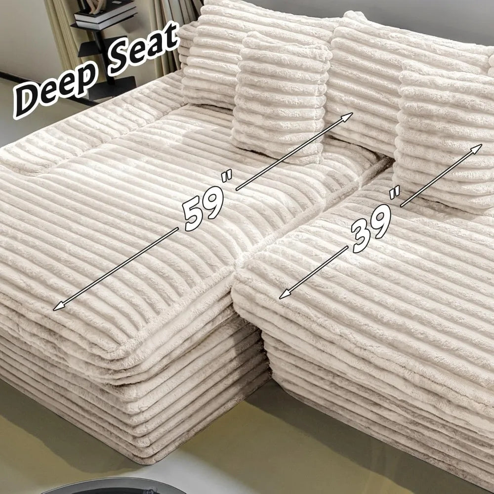 Couches for Living Room-Corduroy Couch Beige,118 Cloud Sectional Couch with L-Shape Chaise, Modern Modular Sofa