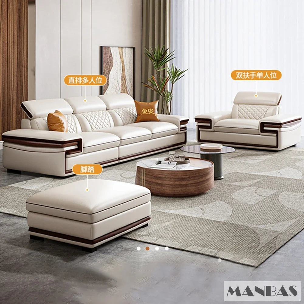 MINGDIBAO Premium Italian Genuine Leather Sofa Set for Living Room with Adjustable Headrests and Built-in Bluetooth Speaker, USB