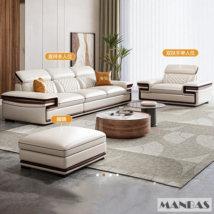 MINGDIBAO Premium Italian Genuine Leather Sofa Set for Living Room with Adjustable Headrests and Built-in Bluetooth Speaker, USB