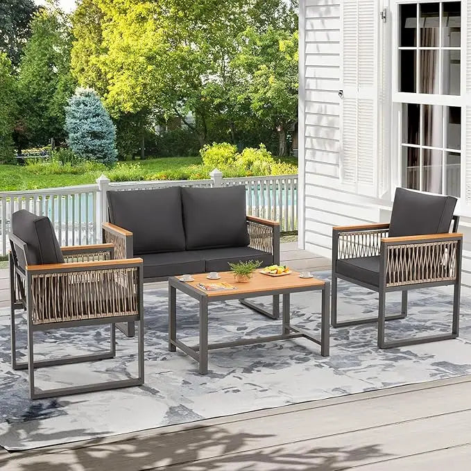 4 Pieces Outdoor Patio Furniture Set with Solid Wood Handrails, Plastic-Wood Balcony Furniture with Wicker Arm Panel, All