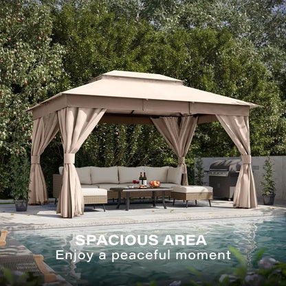 Gazebo 10x13ft, Heavy Duty Patio Gazebo with Expansion Bolts, Party Canopy Tent with Double Roofs, Mosquito Nettings and Privac