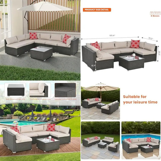 beige rattan wicker outdoor patio sectional set with coffee table and two pillows