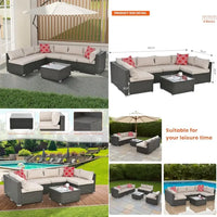 beige rattan wicker outdoor patio sectional set with coffee table and two pillows