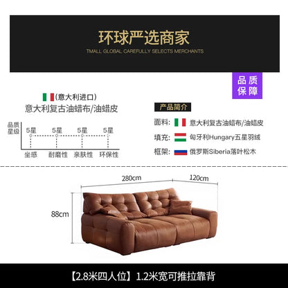Retro oil wax leather sofa, small apartment living room straight row sofa, large sitting depth movable backrest medium ancient