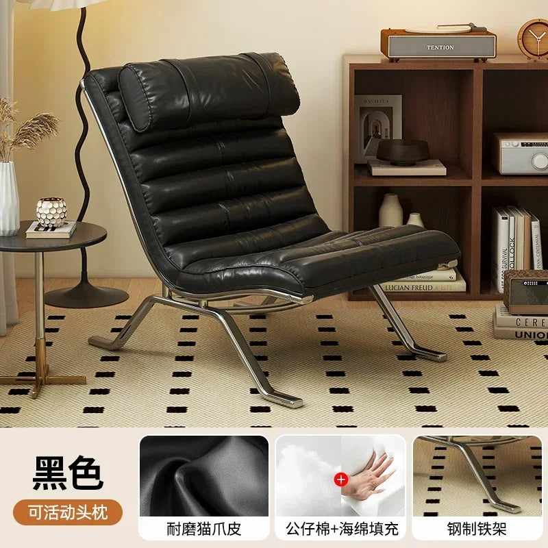 Mid-Century Modern Leather Lounge Chair, Minimalist Accent Leisure Chair with Chrome Metal Base, Retro Style for Living Room