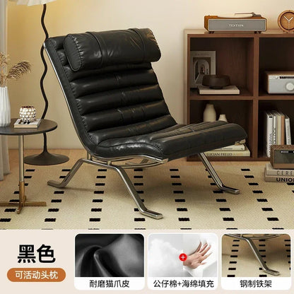 Mid-Century Modern Leather Lounge Chair, Minimalist Accent Leisure Chair with Chrome Metal Base, Retro Style for Living Room