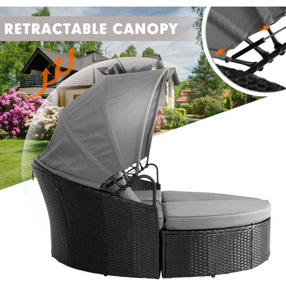 Outdoor Patio Canopy Bed Round Daybed with Washable Cushions, Clamshell Sectional Seating Wicker Furniture with Retractable Can