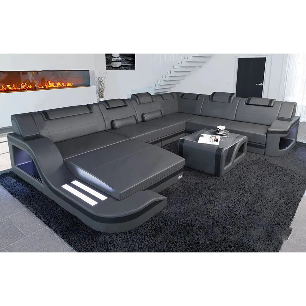 Sofa Set With Led Lights Leather Living Room Furniture U-Shaped Functional Sofa Set  Sectional Sofa Modern Style